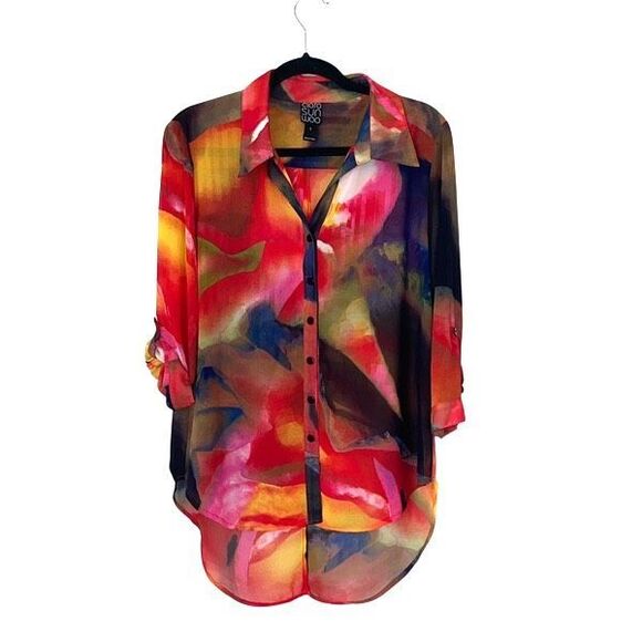 Clara Sun Woo Womens Collared High Low Button Up Tunic Shirt Multicolor Small - Picture 1 of 8
